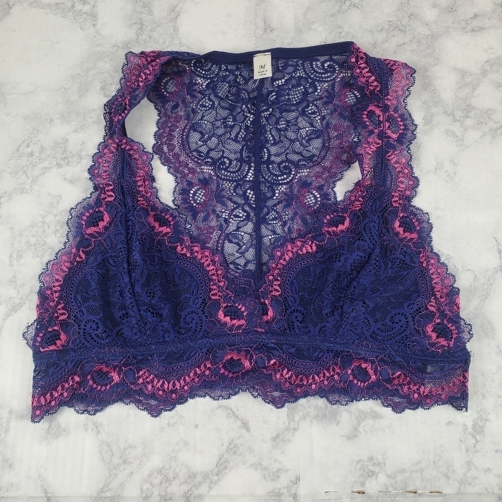 Francesca's‎ Bralette Medium Blue Pink Lace Racerback Wide Band Triangle Cup